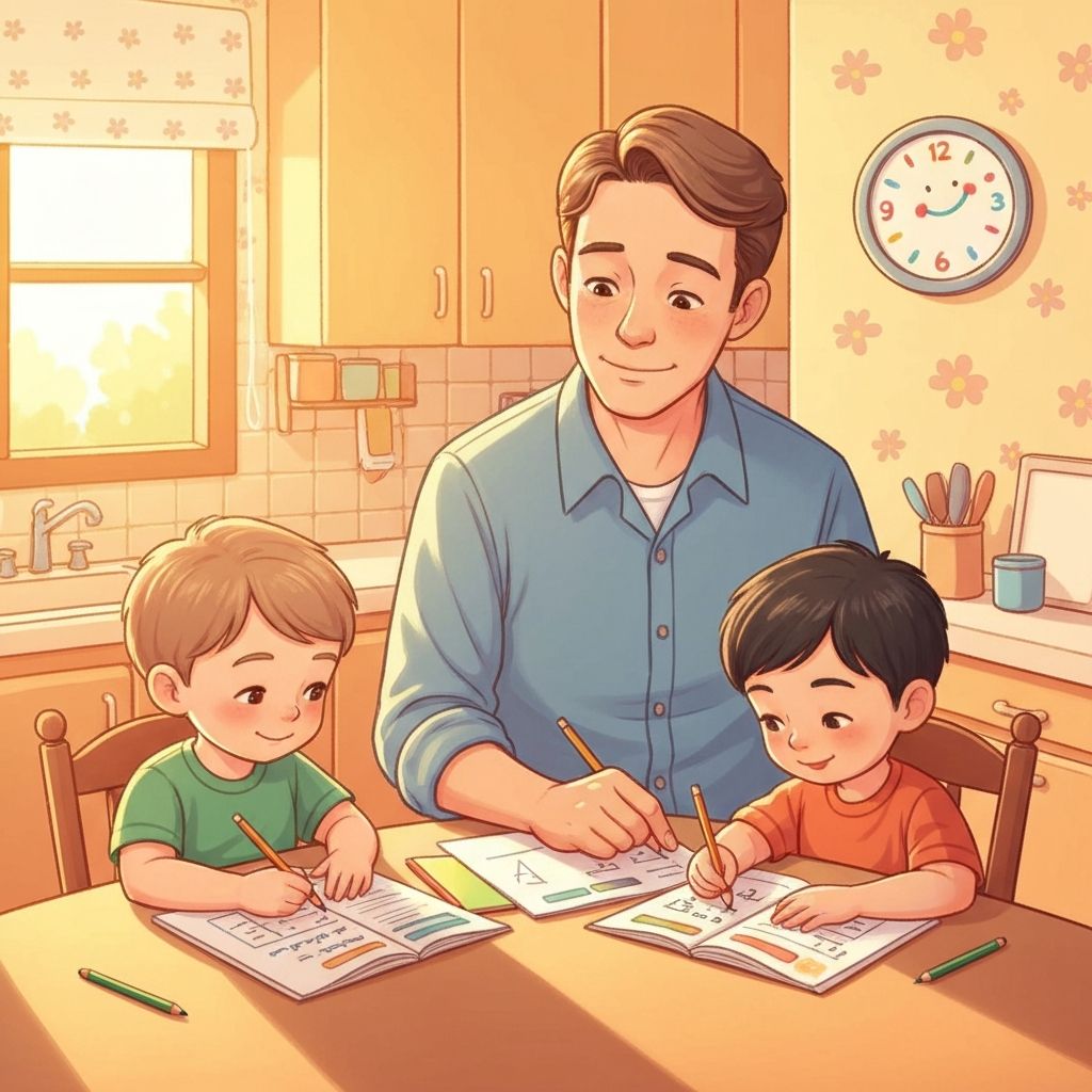 Father helping his two sons with math homework